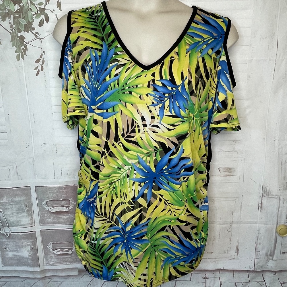 Ashley Stewart Womens Palm Leaves Black Cold Shoulder Top Plus Sz. 22 24 USED